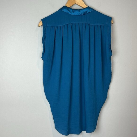 Rebecca Taylor Sleeveless Blue Blouse Size 0 Snap Front Hi-Lo Raw Edge Hem - Picture 13 of 13